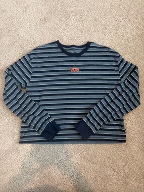 Vans Navy & Light Blue Striped Long Sleeve Shirt with Peach Logo